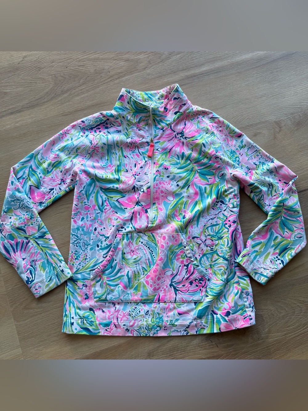 Lilly Pulitzer Sweater 12/14 pink blue floral 1/4 zipper pullover long sleeves
